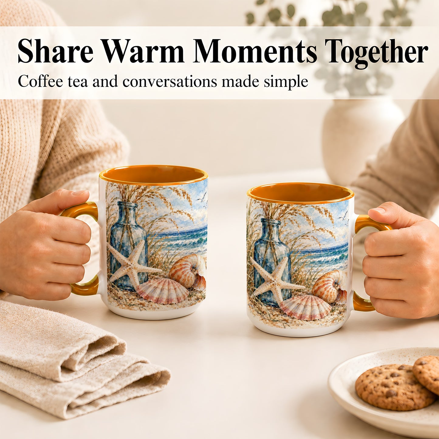 #pl[15oz|Orange] Watercolor Seashell Coffee Mug, Starfish Beach Mug, Ceramic Cup