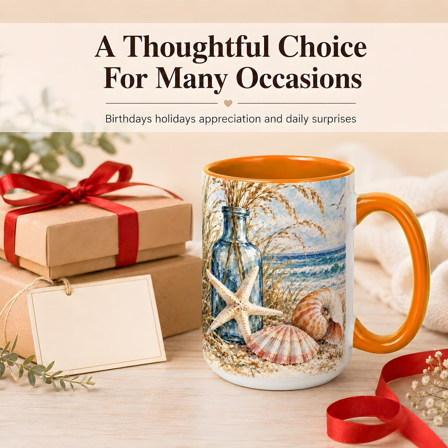 #pl[15oz|Orange] Watercolor Seashell Coffee Mug, Starfish Beach Mug, Ceramic Cup