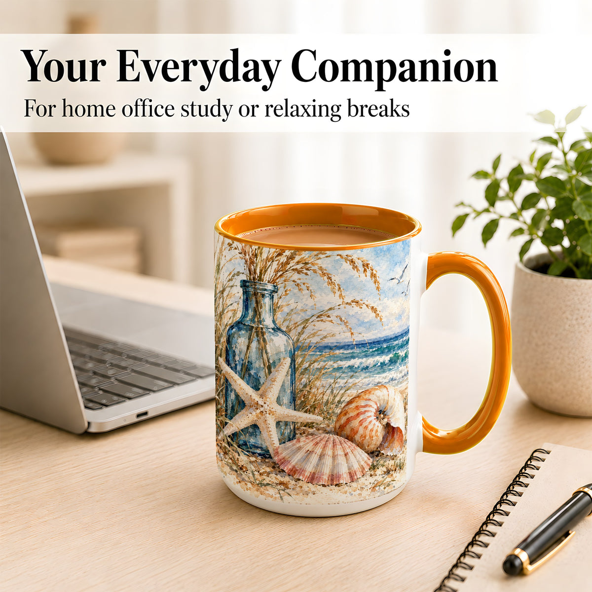 #pl[15oz|Orange] Watercolor Seashell Coffee Mug, Starfish Beach Mug, Ceramic Cup