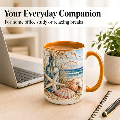 #pl[15oz|Orange] Watercolor Seashell Coffee Mug, Starfish Beach Mug, Ceramic Cup