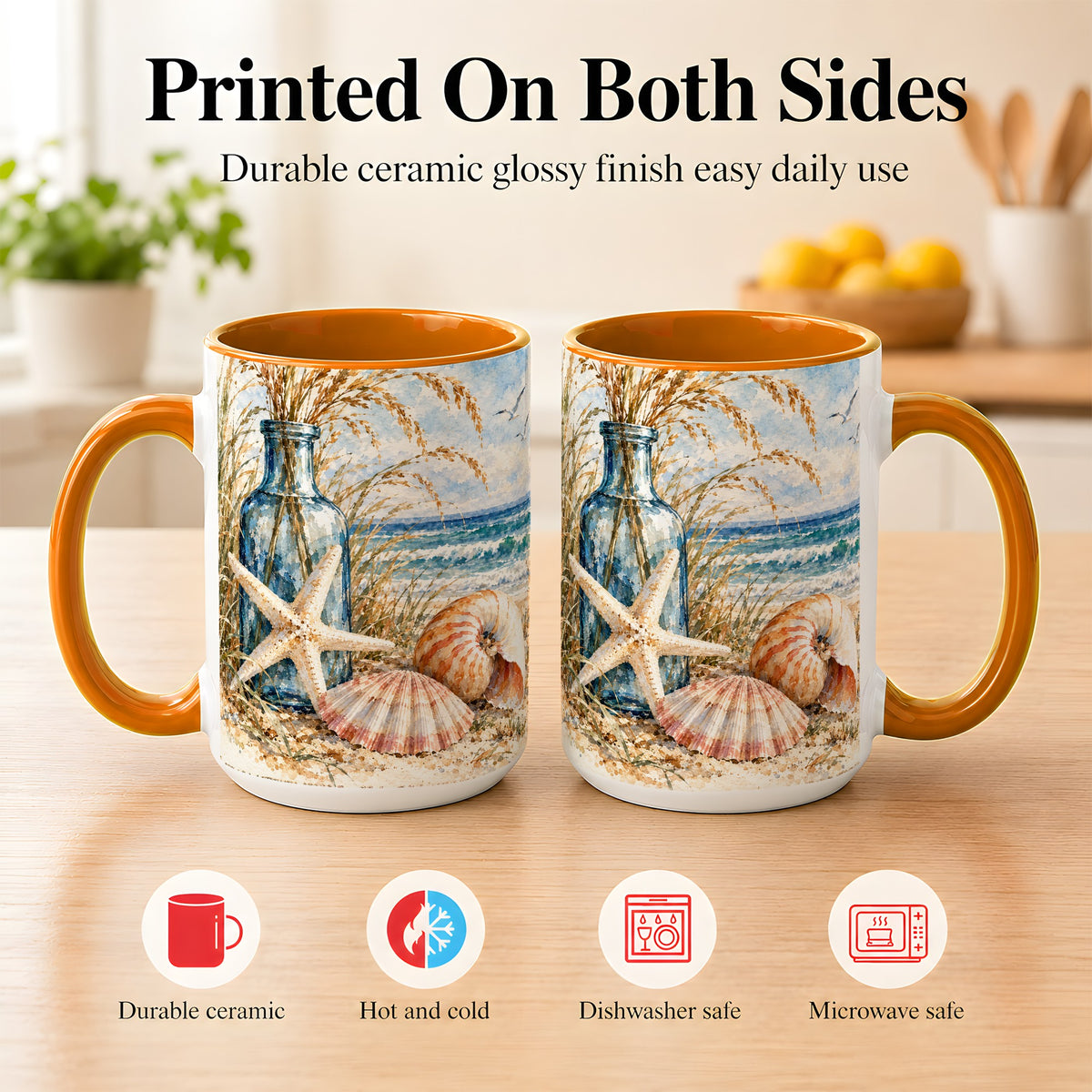#pl[15oz|Orange] Watercolor Seashell Coffee Mug, Starfish Beach Mug, Ceramic Cup