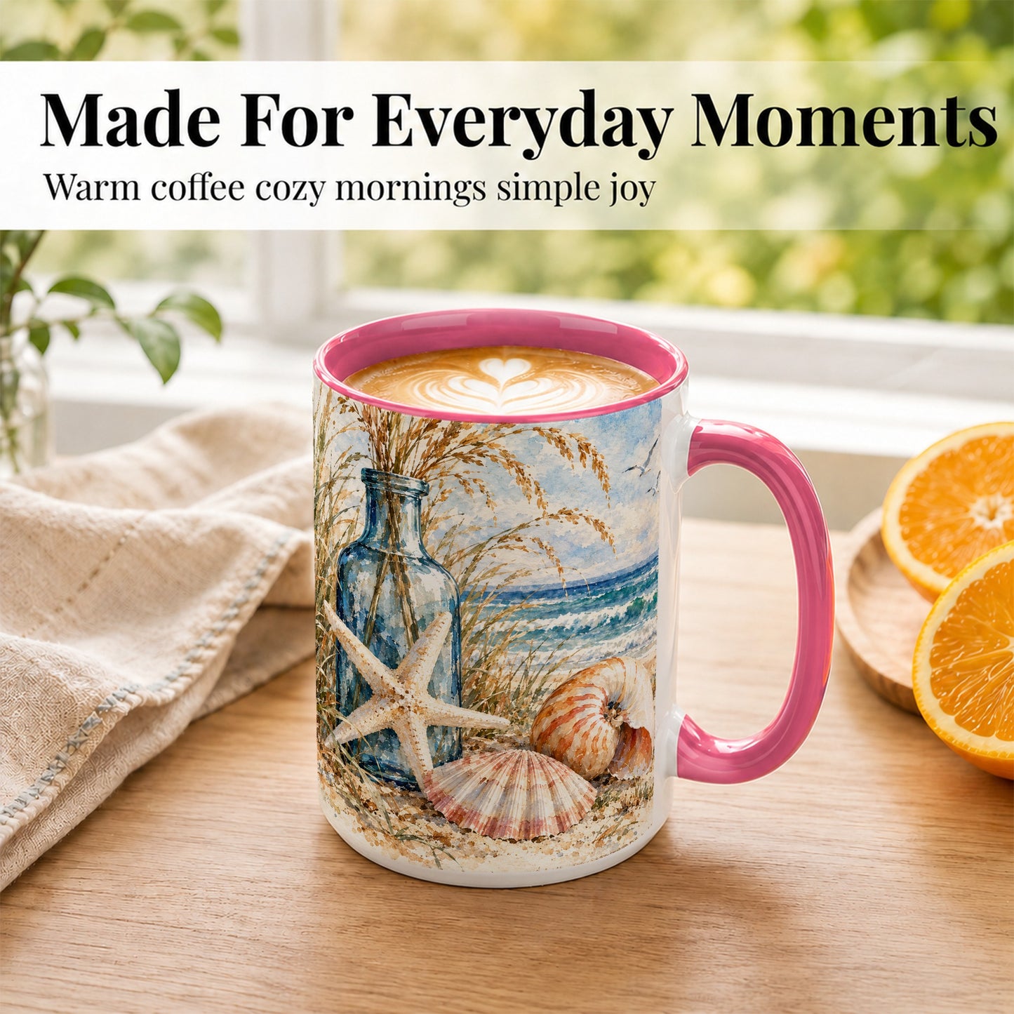 #pl[15oz|Pink] Watercolor Seashell Coffee Mug, Starfish Beach Mug, Ceramic Cup