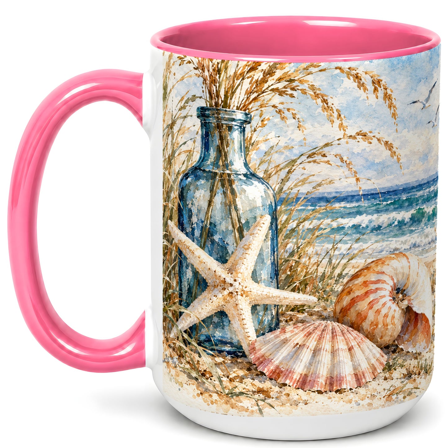 #pl[15oz|Pink] Watercolor Seashell Coffee Mug, Starfish Beach Mug, Ceramic Cup