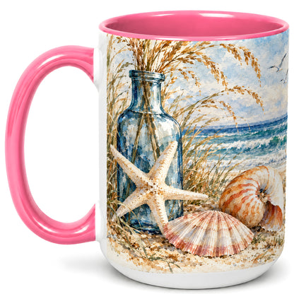 #pl[15oz|Pink] Watercolor Seashell Coffee Mug, Starfish Beach Mug, Ceramic Cup