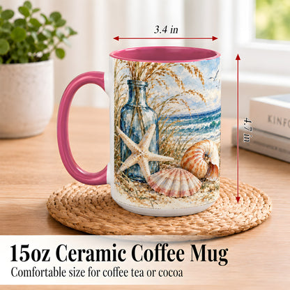 #pl[15oz|Pink] Watercolor Seashell Coffee Mug, Starfish Beach Mug, Ceramic Cup