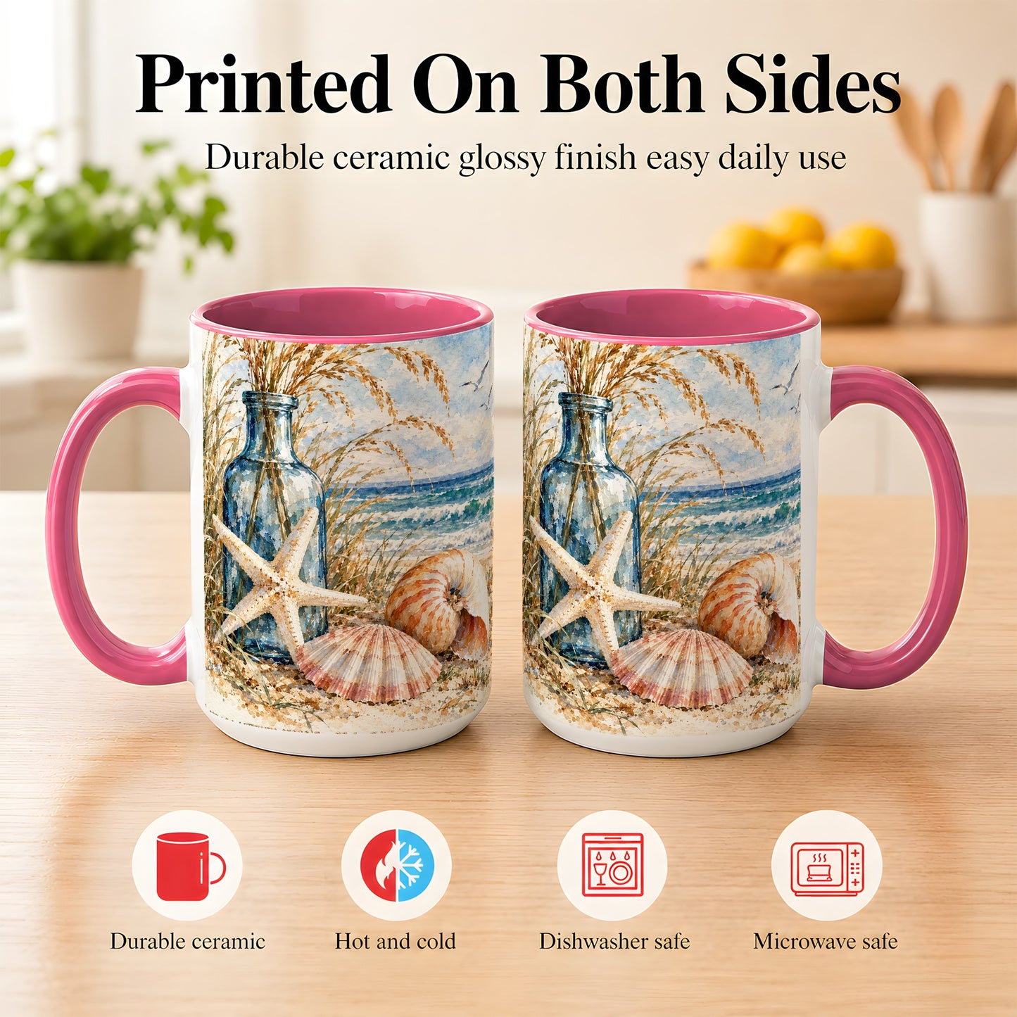 #pl[15oz|Pink] Watercolor Seashell Coffee Mug, Starfish Beach Mug, Ceramic Cup