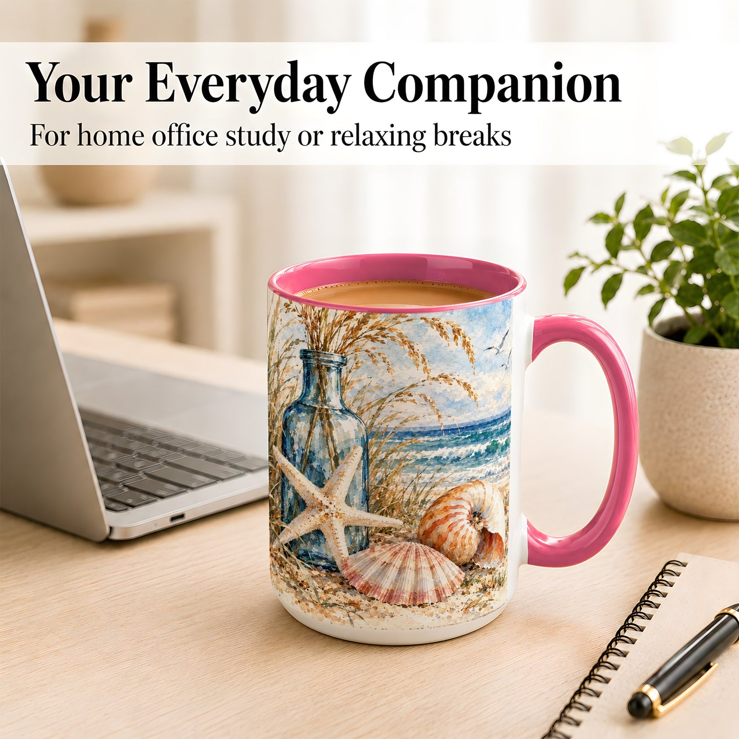 #pl[15oz|Pink] Watercolor Seashell Coffee Mug, Starfish Beach Mug, Ceramic Cup
