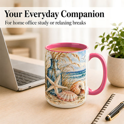 #pl[15oz|Pink] Watercolor Seashell Coffee Mug, Starfish Beach Mug, Ceramic Cup