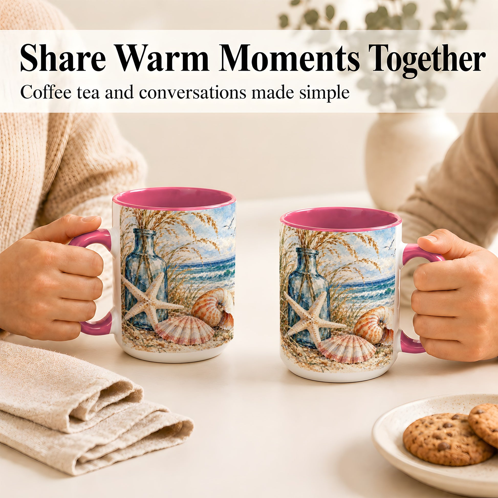 #pl[15oz|Pink] Watercolor Seashell Coffee Mug, Starfish Beach Mug, Ceramic Cup