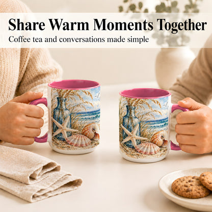 #pl[15oz|Pink] Watercolor Seashell Coffee Mug, Starfish Beach Mug, Ceramic Cup