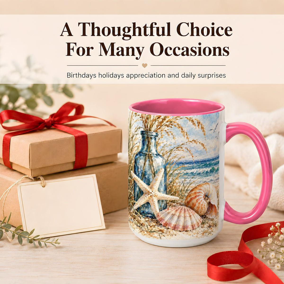 #pl[15oz|Pink] Watercolor Seashell Coffee Mug, Starfish Beach Mug, Ceramic Cup