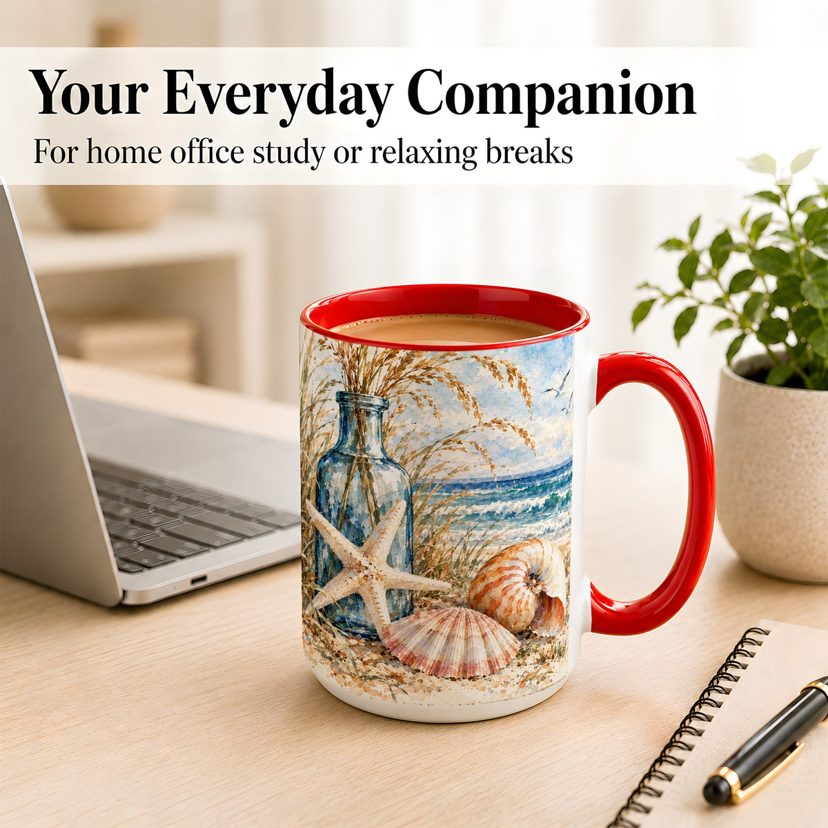 #pl[15oz|Red] Watercolor Seashell Coffee Mug, Starfish Beach Mug, Ceramic Cup