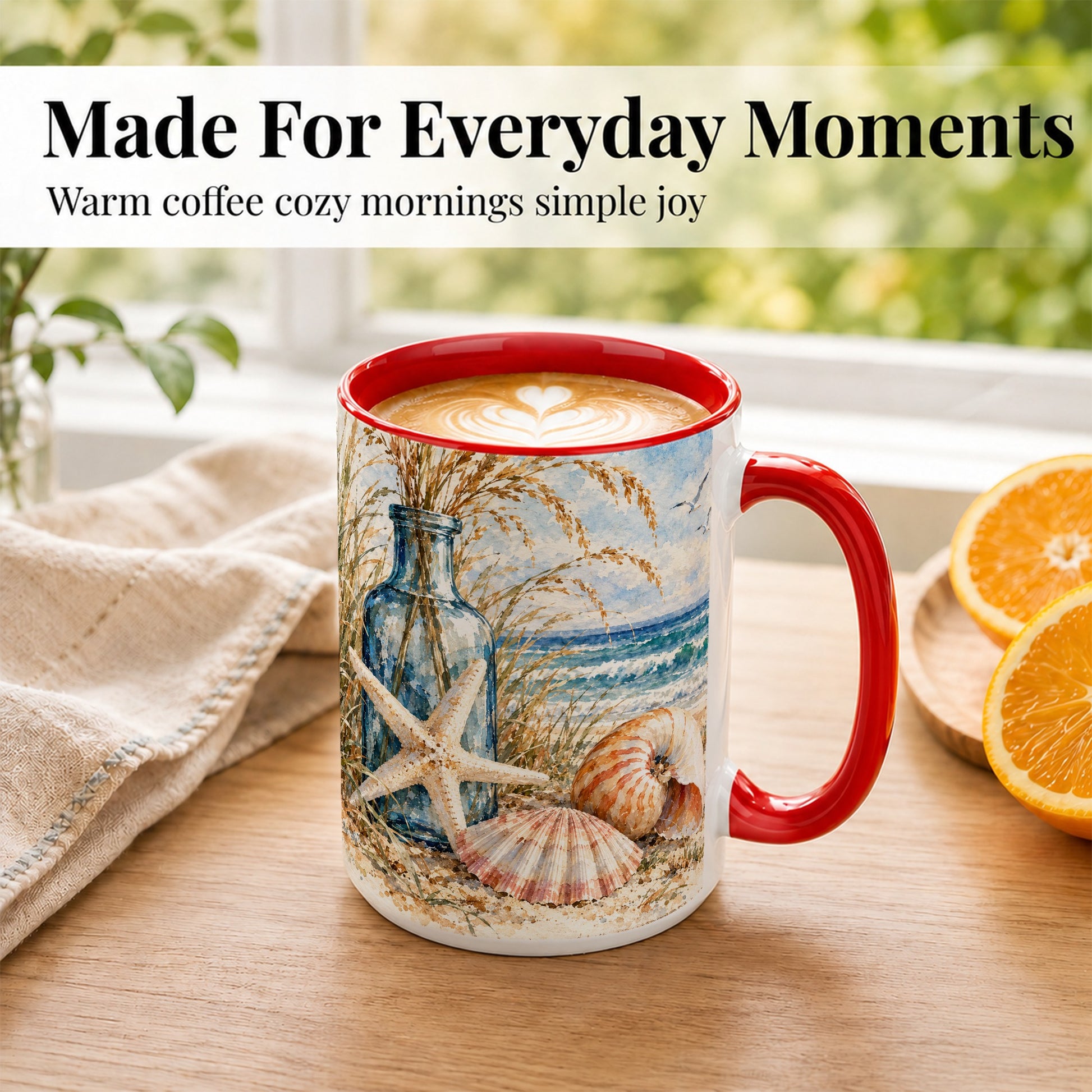 #pl[15oz|Red] Watercolor Seashell Coffee Mug, Starfish Beach Mug, Ceramic Cup