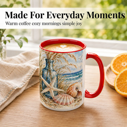#pl[15oz|Red] Watercolor Seashell Coffee Mug, Starfish Beach Mug, Ceramic Cup