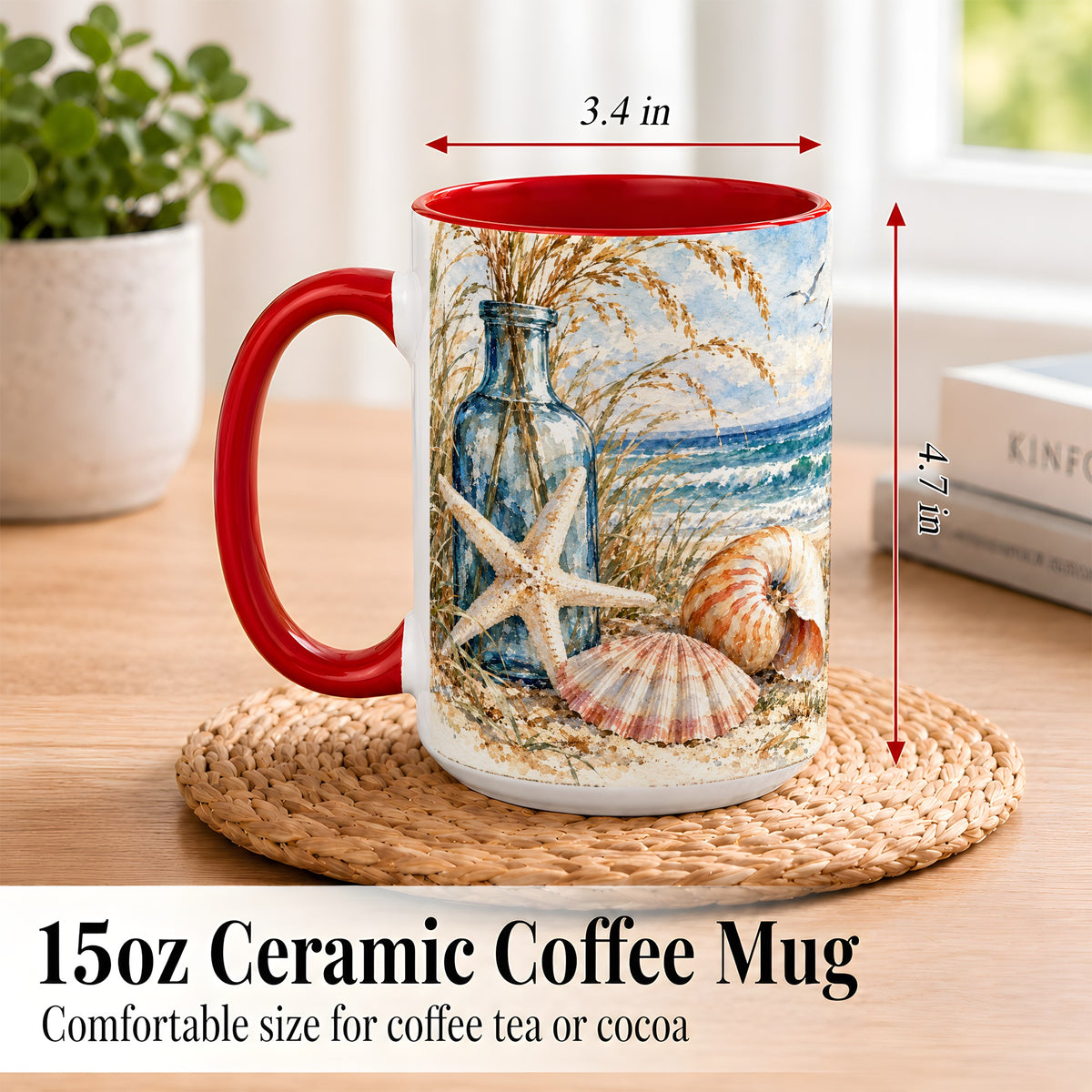 #pl[15oz|Red] Watercolor Seashell Coffee Mug, Starfish Beach Mug, Ceramic Cup