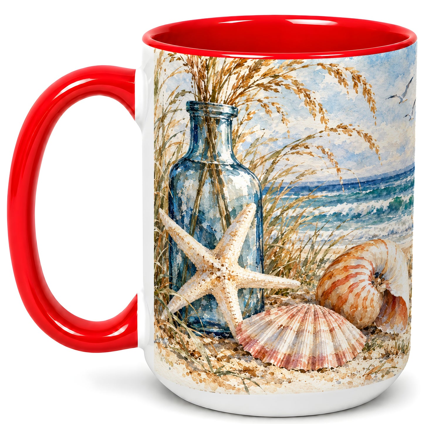 #pl[15oz|Red] Watercolor Seashell Coffee Mug, Starfish Beach Mug, Ceramic Cup