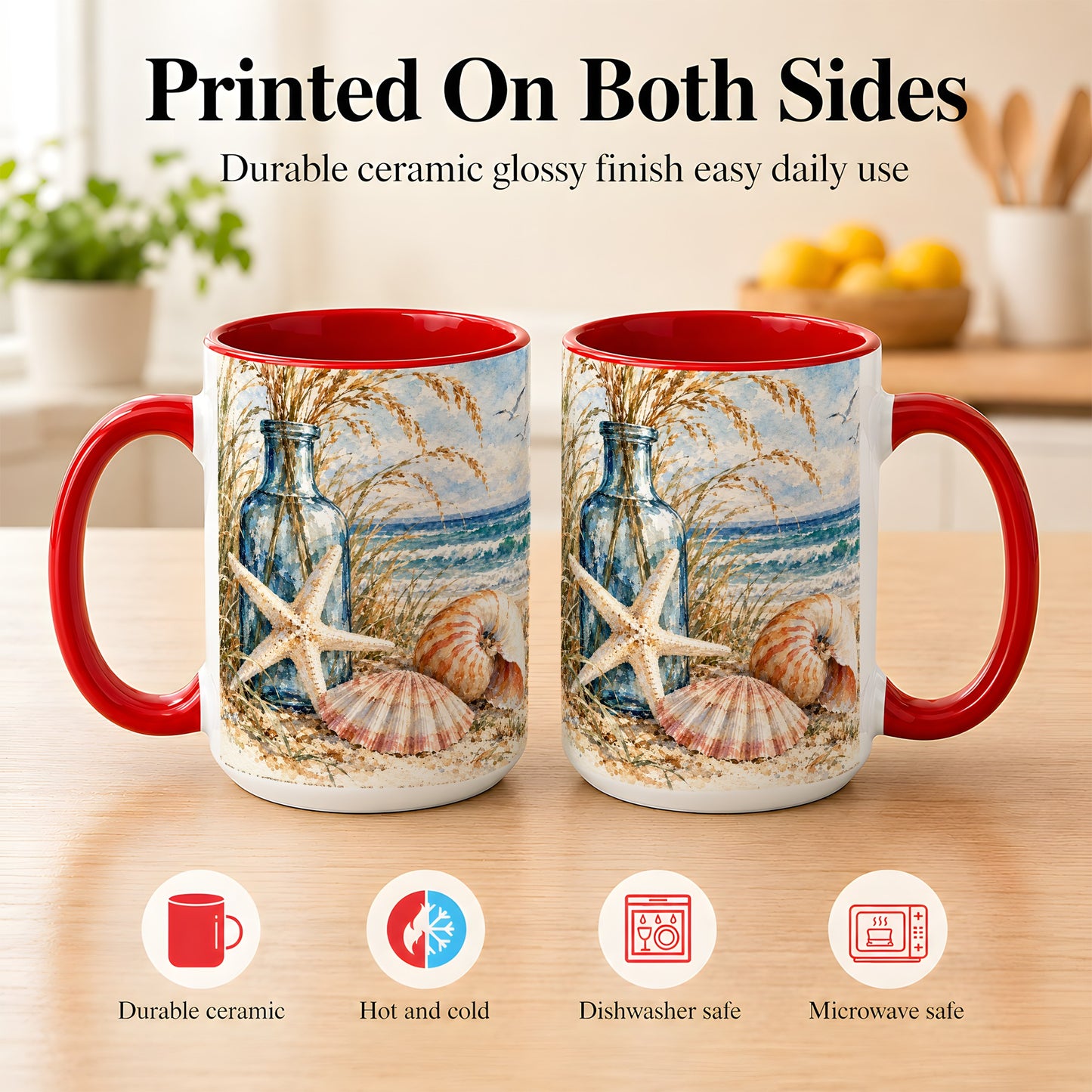 #pl[15oz|Red] Watercolor Seashell Coffee Mug, Starfish Beach Mug, Ceramic Cup