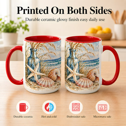#pl[15oz|Red] Watercolor Seashell Coffee Mug, Starfish Beach Mug, Ceramic Cup