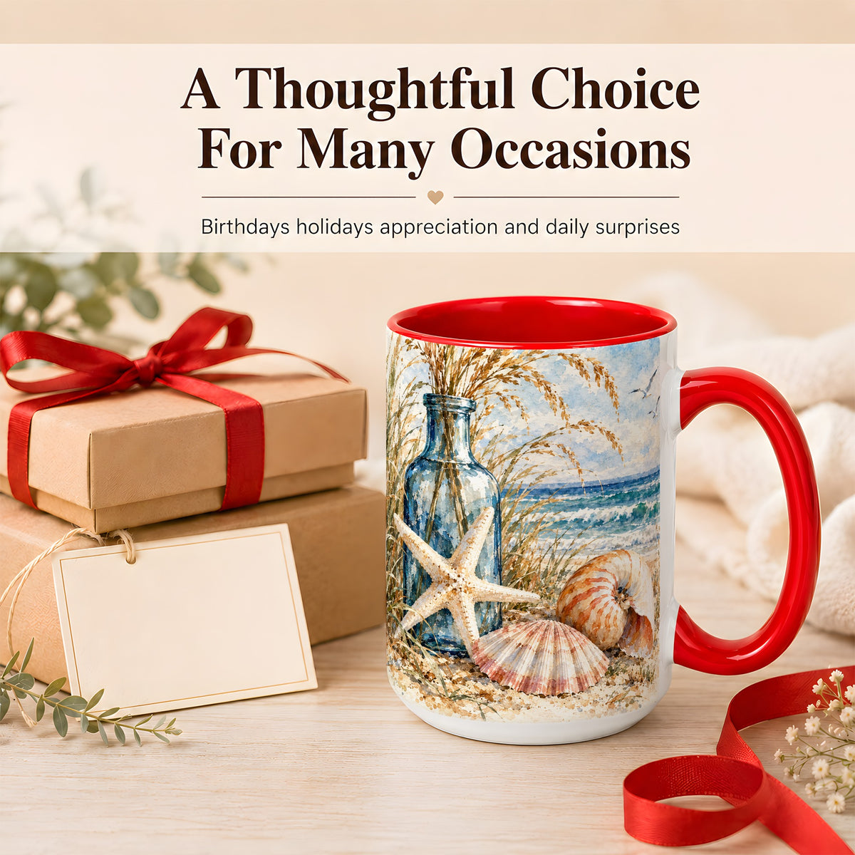 #pl[15oz|Red] Watercolor Seashell Coffee Mug, Starfish Beach Mug, Ceramic Cup