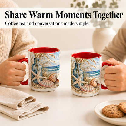 #pl[15oz|Red] Watercolor Seashell Coffee Mug, Starfish Beach Mug, Ceramic Cup