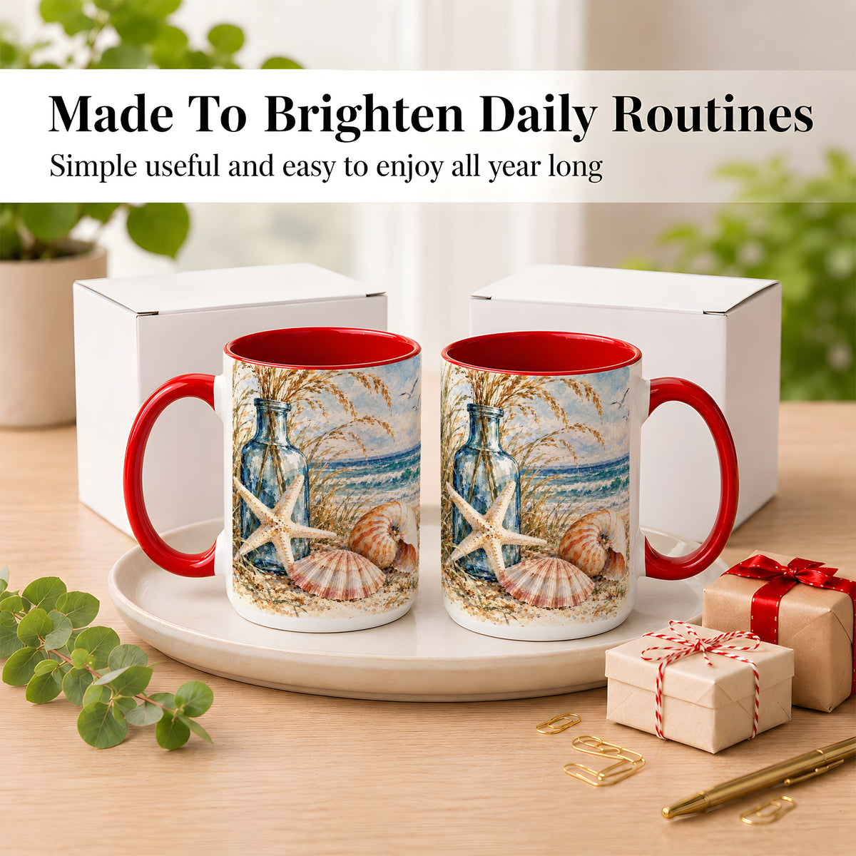 #pl[15oz|Red] Watercolor Seashell Coffee Mug, Starfish Beach Mug, Ceramic Cup