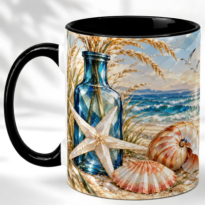 #pl[11oz|Black] Stained Glass Style Seashell Coffee Mug, Starfish Mug, Ceramic Cup