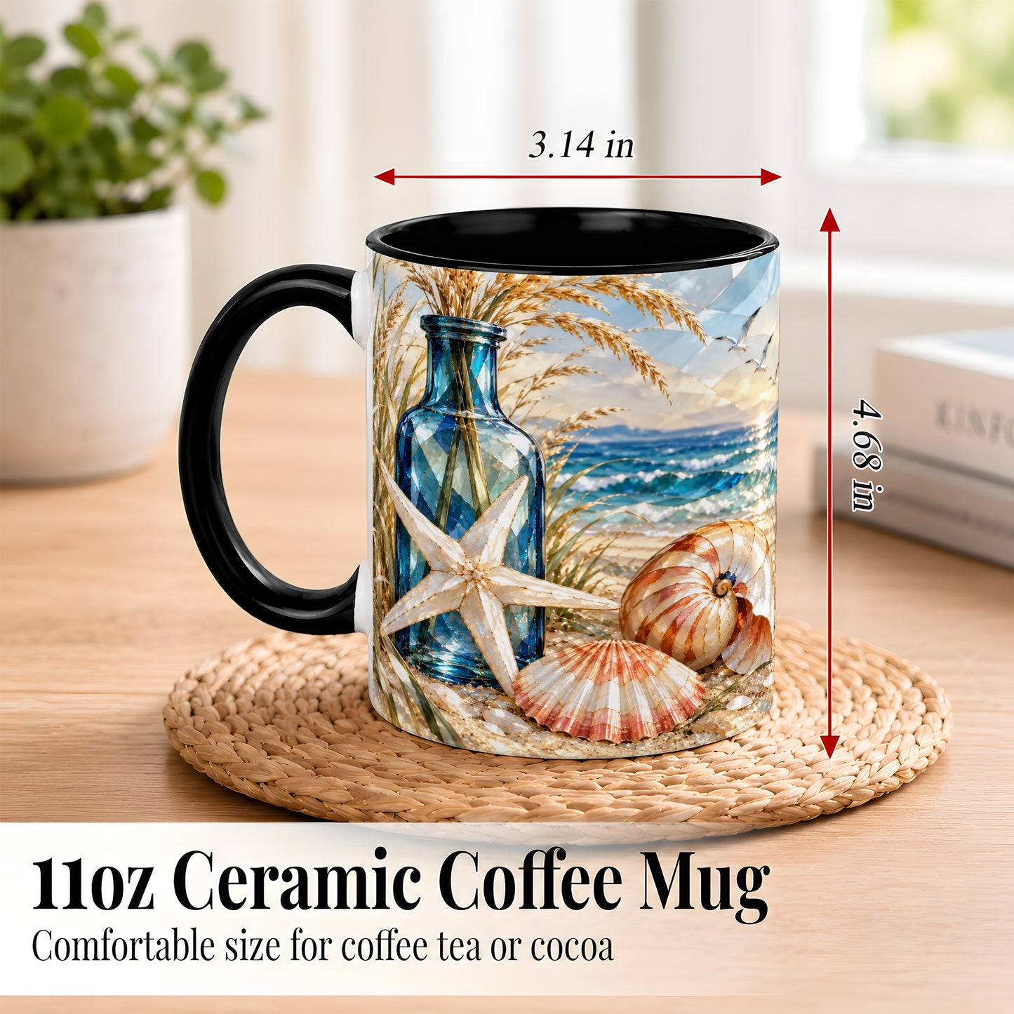 #pl[11oz|Black] Stained Glass Style Seashell Coffee Mug, Starfish Mug, Ceramic Cup