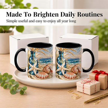 #pl[11oz|Black] Stained Glass Style Seashell Coffee Mug, Starfish Mug, Ceramic Cup