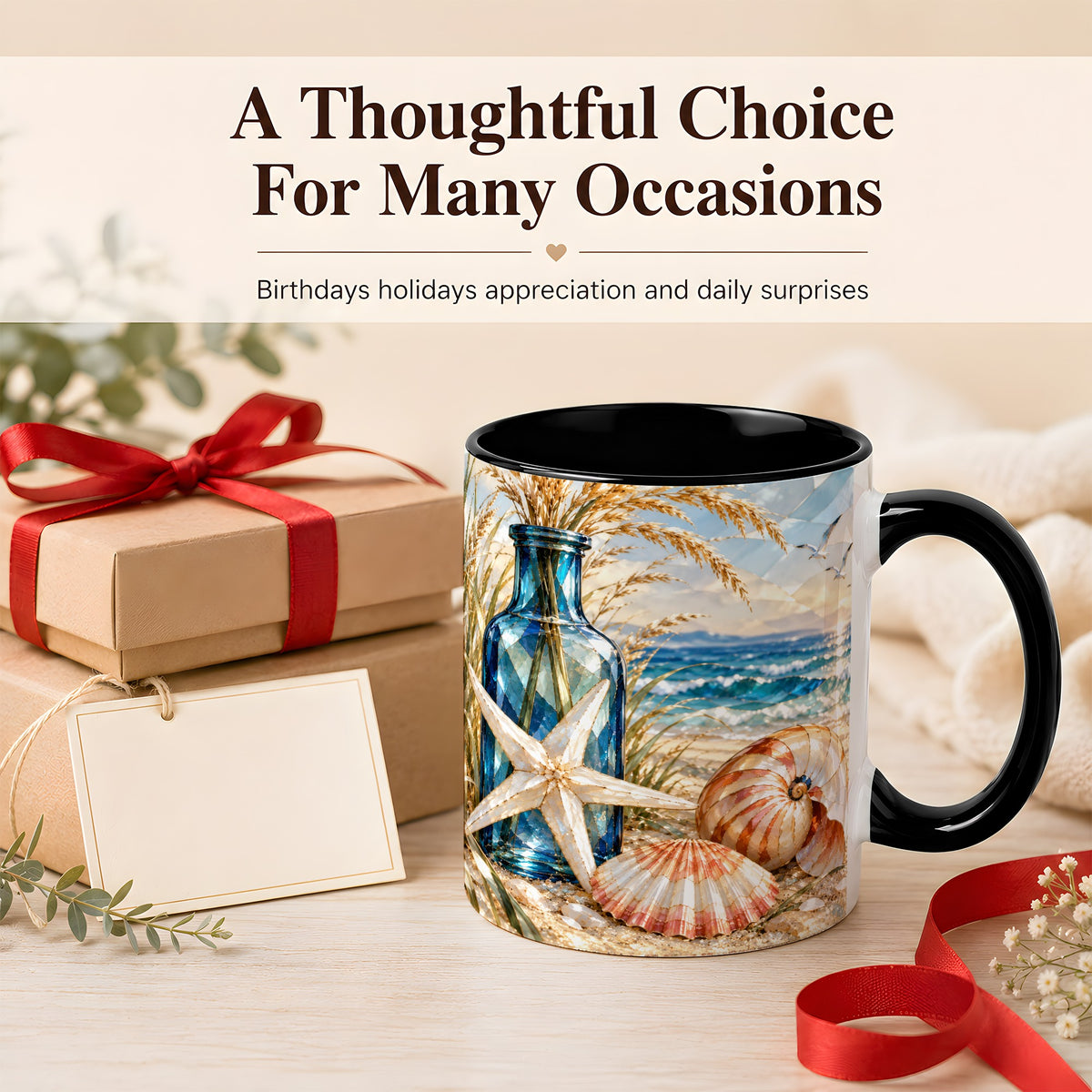 #pl[11oz|Black] Stained Glass Style Seashell Coffee Mug, Starfish Mug, Ceramic Cup