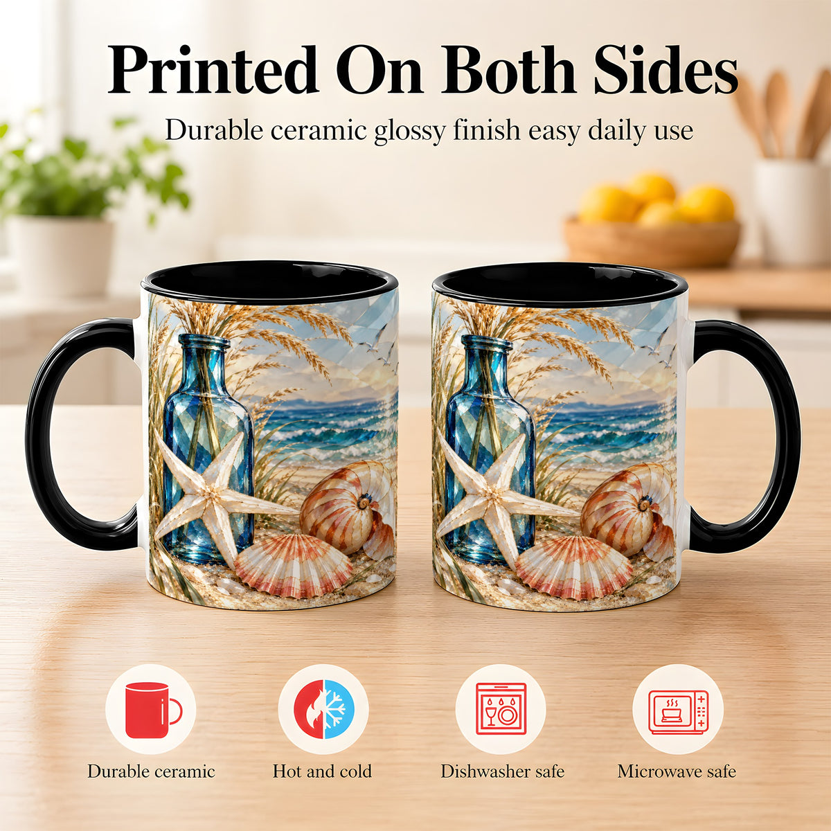 #pl[11oz|Black] Stained Glass Style Seashell Coffee Mug, Starfish Mug, Ceramic Cup