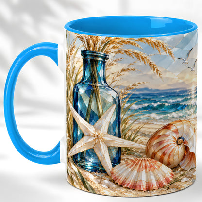 #pl[11oz|Blue] Stained Glass Style Seashell Coffee Mug, Starfish Mug, Ceramic Cup