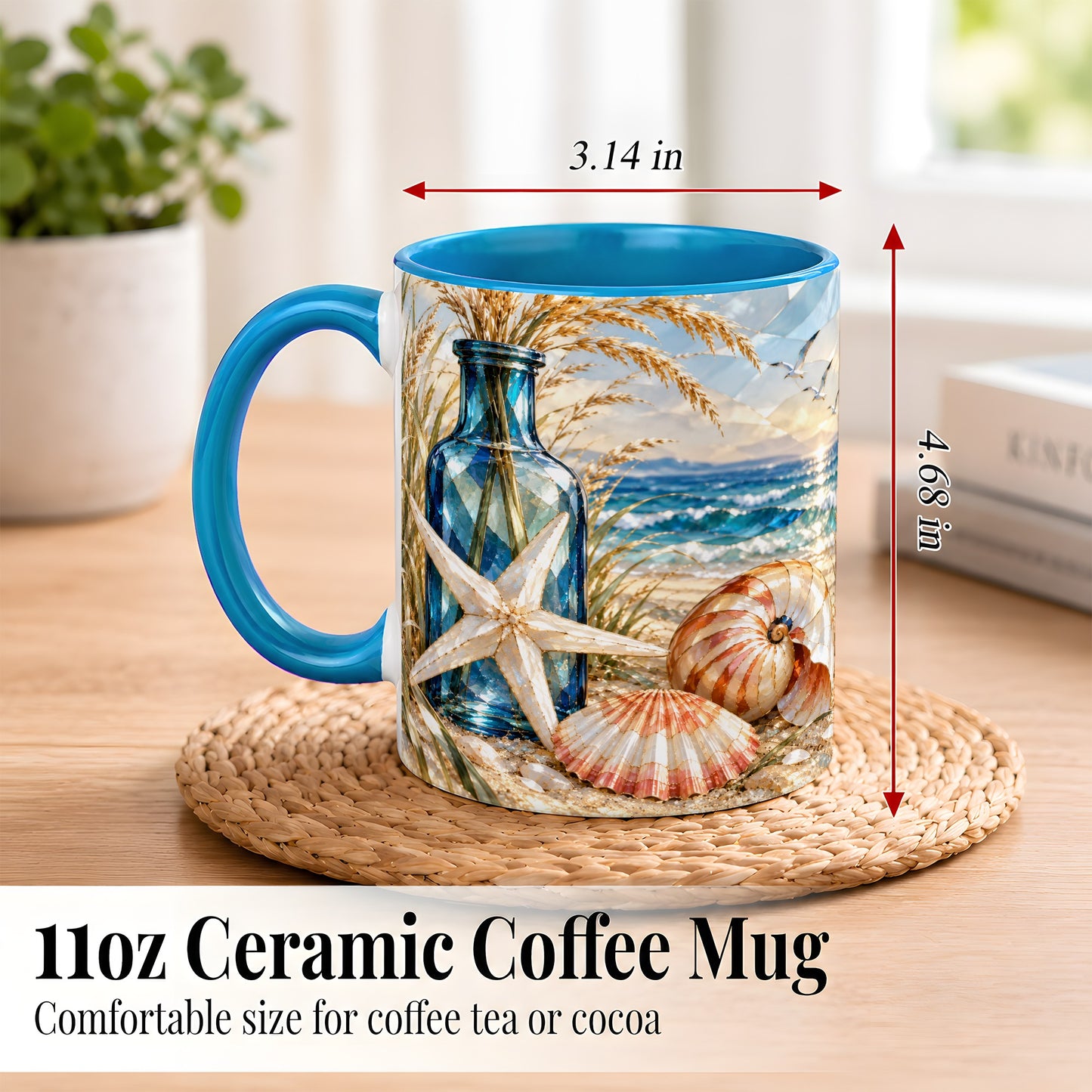 #pl[11oz|Blue] Stained Glass Style Seashell Coffee Mug, Starfish Mug, Ceramic Cup