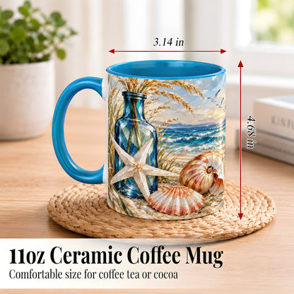 #pl[11oz|Blue] Stained Glass Style Seashell Coffee Mug, Starfish Mug, Ceramic Cup