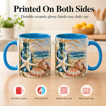 #pl[11oz|Blue] Stained Glass Style Seashell Coffee Mug, Starfish Mug, Ceramic Cup