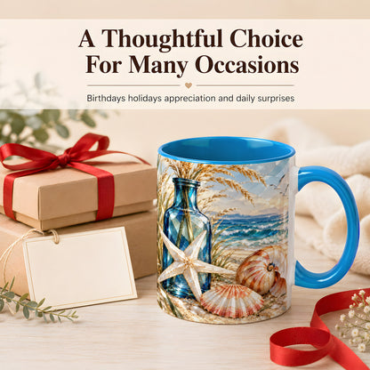#pl[11oz|Blue] Stained Glass Style Seashell Coffee Mug, Starfish Mug, Ceramic Cup