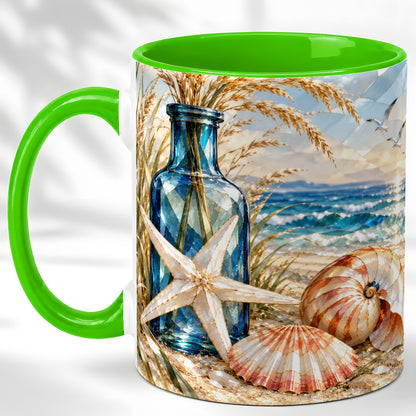 #pl[11oz|Green] Stained Glass Style Seashell Coffee Mug, Starfish Mug, Ceramic Cup