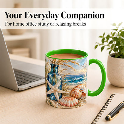 #pl[11oz|Green] Stained Glass Style Seashell Coffee Mug, Starfish Mug, Ceramic Cup