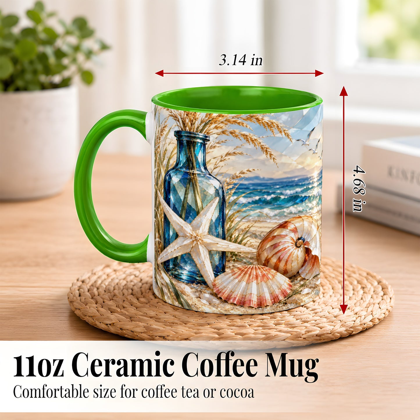 #pl[11oz|Green] Stained Glass Style Seashell Coffee Mug, Starfish Mug, Ceramic Cup