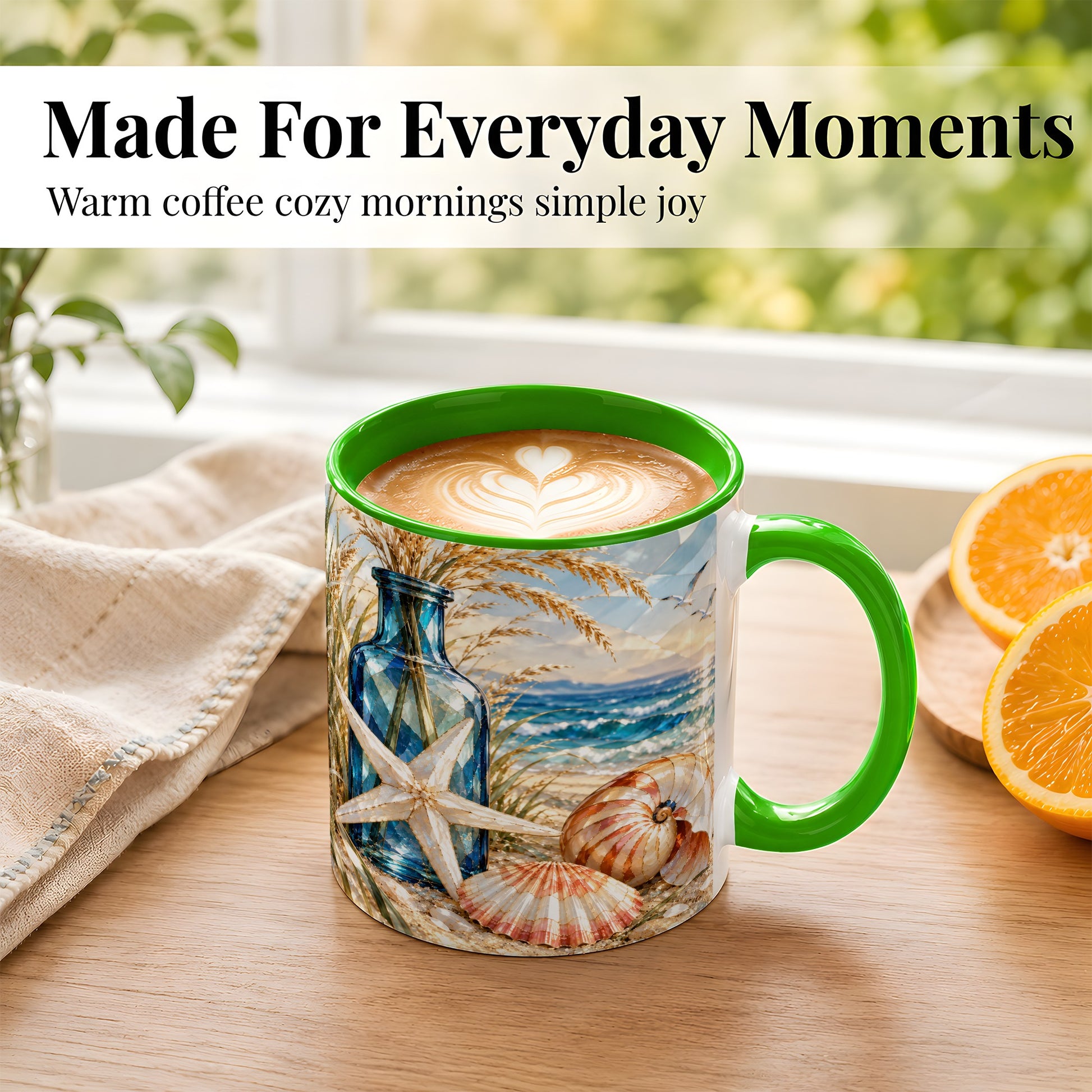 #pl[11oz|Green] Stained Glass Style Seashell Coffee Mug, Starfish Mug, Ceramic Cup