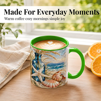 #pl[11oz|Green] Stained Glass Style Seashell Coffee Mug, Starfish Mug, Ceramic Cup