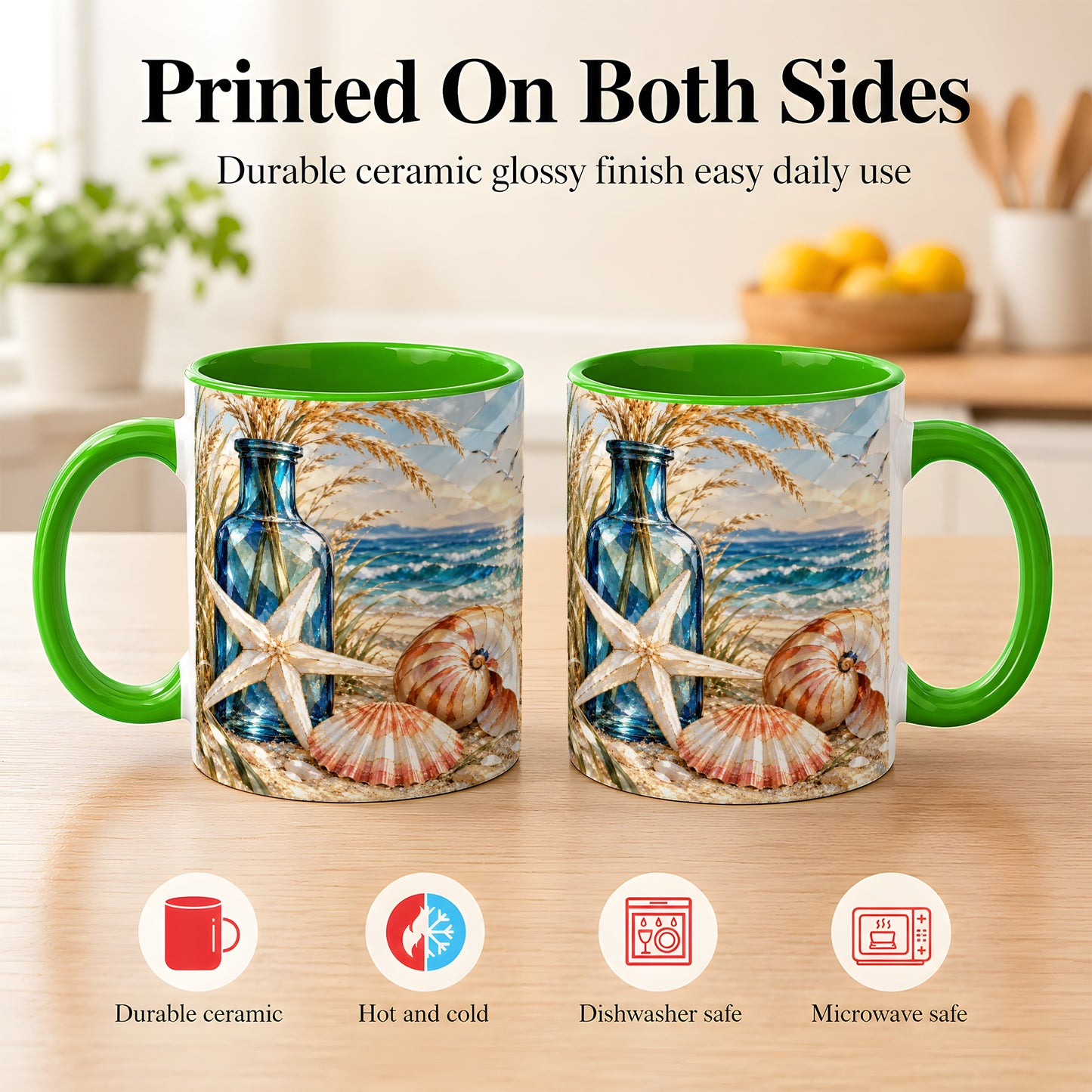 #pl[11oz|Green] Stained Glass Style Seashell Coffee Mug, Starfish Mug, Ceramic Cup