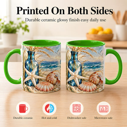 #pl[11oz|Green] Stained Glass Style Seashell Coffee Mug, Starfish Mug, Ceramic Cup