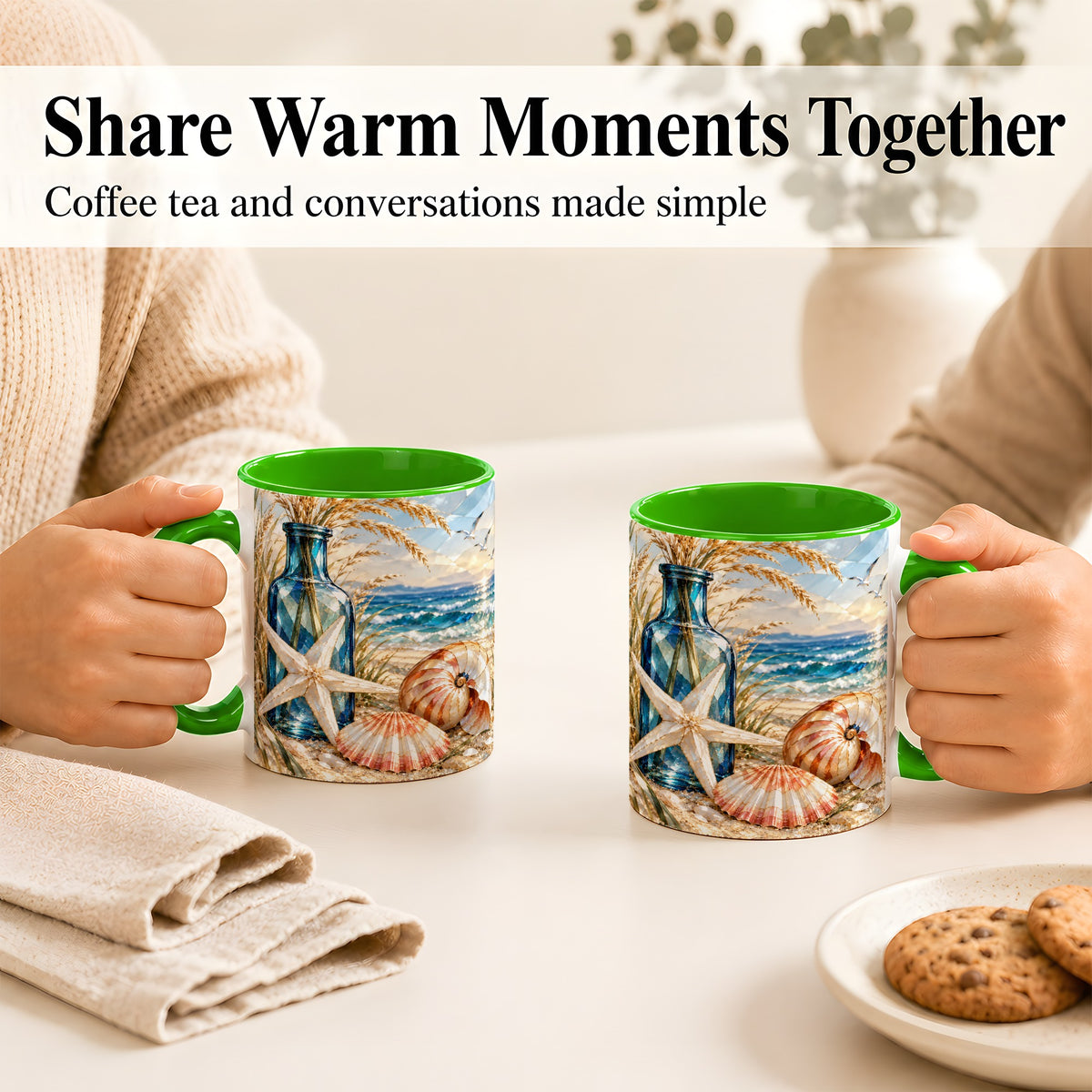 #pl[11oz|Green] Stained Glass Style Seashell Coffee Mug, Starfish Mug, Ceramic Cup