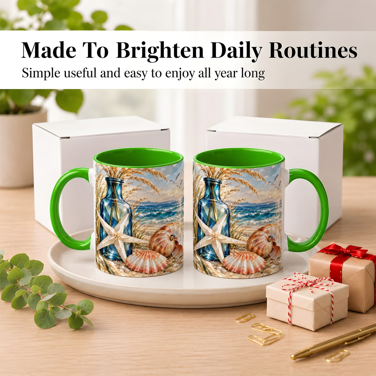 #pl[11oz|Green] Stained Glass Style Seashell Coffee Mug, Starfish Mug, Ceramic Cup