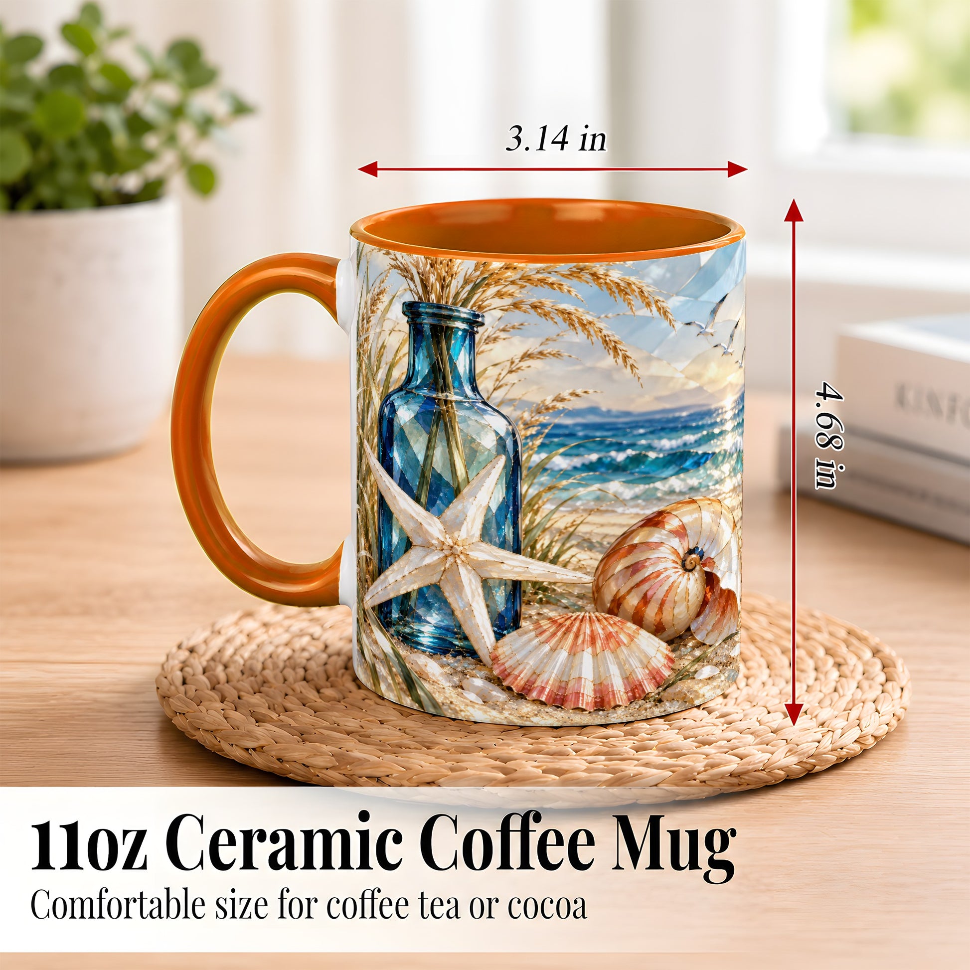 #pl[11oz|Orange] Stained Glass Style Seashell Coffee Mug, Starfish Mug, Ceramic Cup