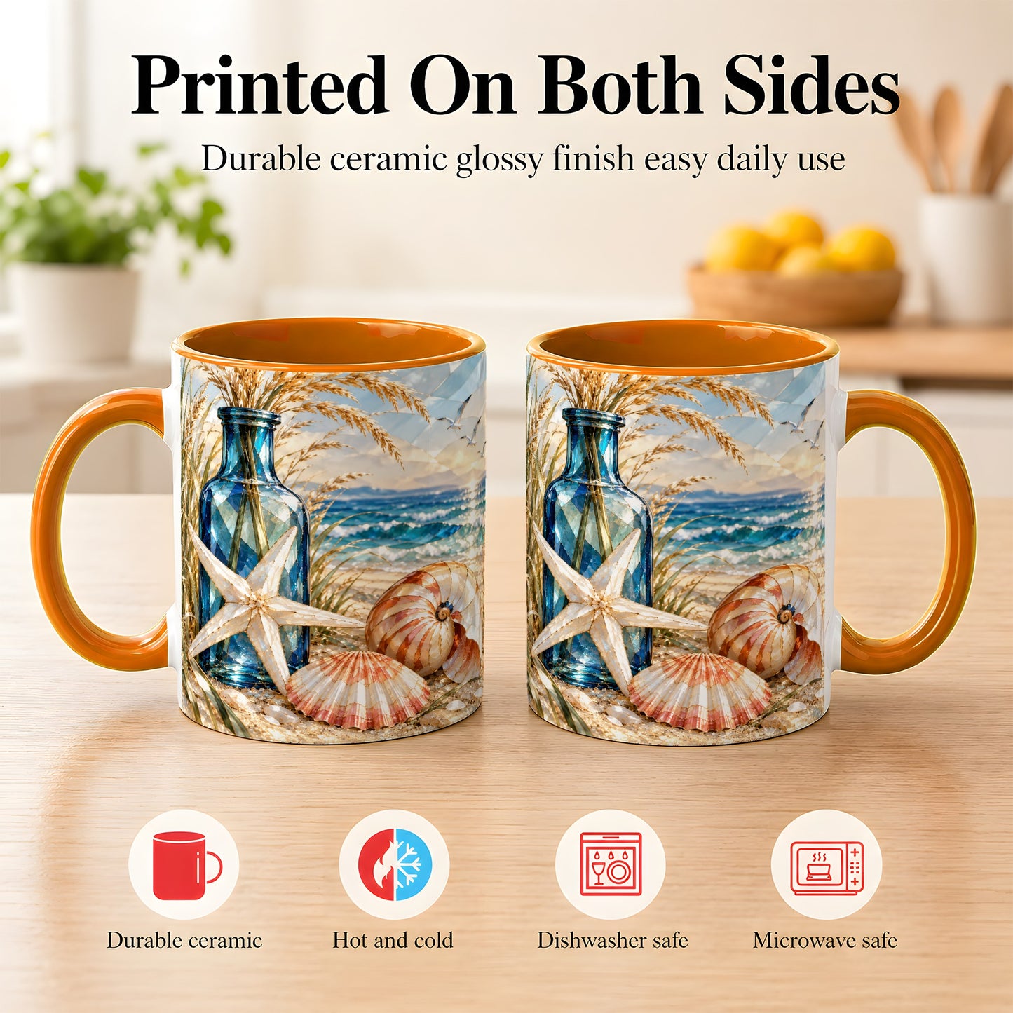 #pl[11oz|Orange] Stained Glass Style Seashell Coffee Mug, Starfish Mug, Ceramic Cup