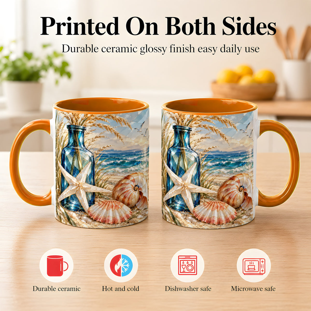 #pl[11oz|Orange] Stained Glass Style Seashell Coffee Mug, Starfish Mug, Ceramic Cup