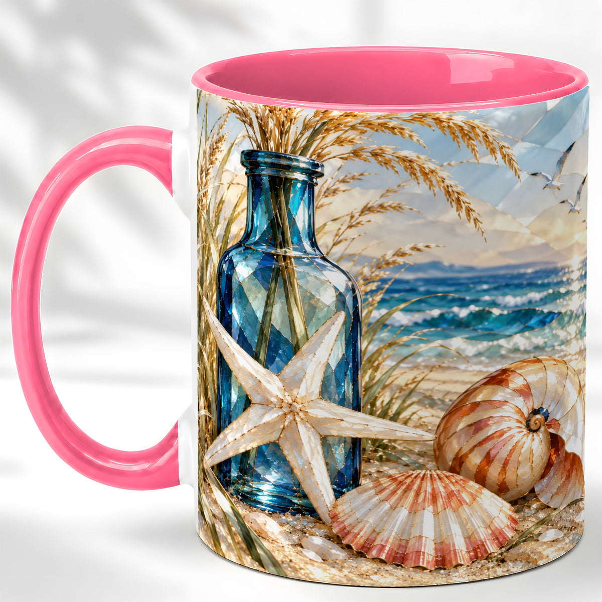 #pl[11oz|Pink] Stained Glass Style Seashell Coffee Mug, Starfish Mug, Ceramic Cup