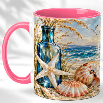 #pl[11oz|Pink] Stained Glass Style Seashell Coffee Mug, Starfish Mug, Ceramic Cup