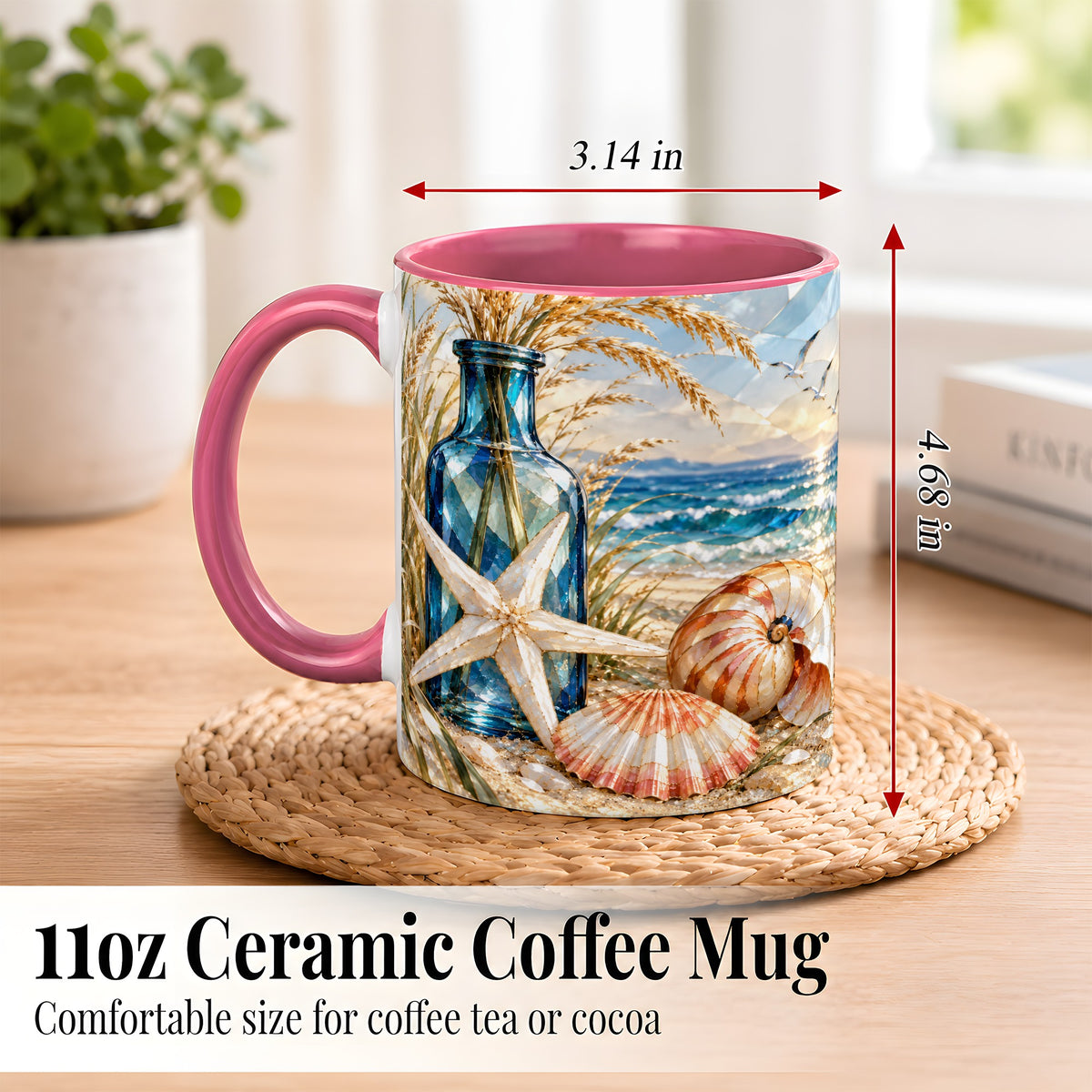 #pl[11oz|Pink] Stained Glass Style Seashell Coffee Mug, Starfish Mug, Ceramic Cup